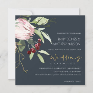 GREY BLACK BLUSH BURGUNDY PROTEA FLORAL WEDDING INVITATION
