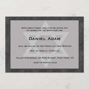 Grey, Black Border, Star, Bar Mitzvah Invitation