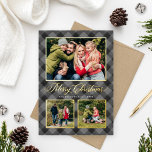 Grey Black Buffalo Plaid Christmas Photo Collage Foil Holiday Card<br><div class="desc">Modern and festive plaid photo holiday card features a collage of 3 photos framed by a border and accents of real gold foil and hand painted watercolor dark grey and black buffalo plaid check patterned background. Personalise the custom "Merriest Christmas" text with your preferred wording, family name, and the year....</div>