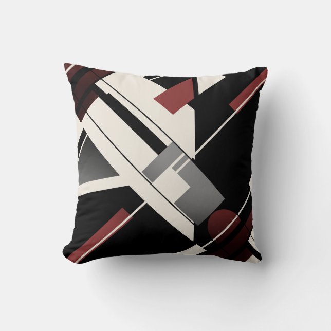 Grey Black Burgundy Beige Diagonal Abstract Art Cushion (Front)