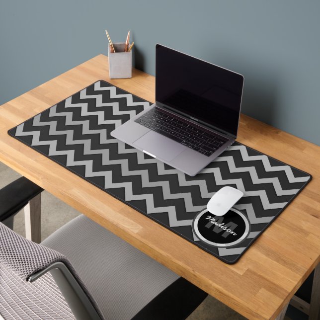 Grey black Chevron Cool retro Monogram Desk Mat (Office 2)