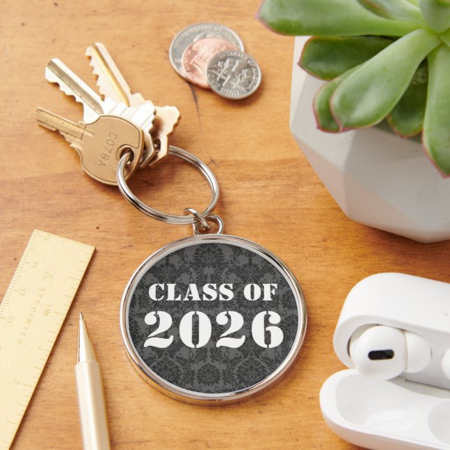Grey & Black Damask Class of  Graduation  Key Ring (Desk)