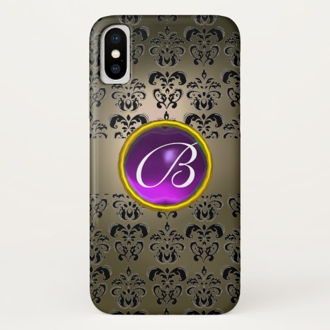 GREY BLACK DAMASK PURPLE GEM MONOGRAM Case-Mate iPhone CASE (Back)
