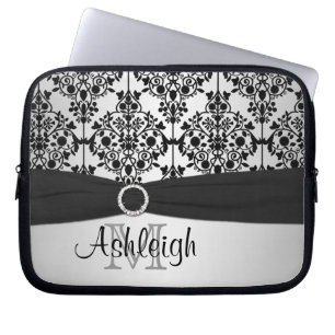 Grey Black Damask with FAUX Ribbon Laptop Sleeve