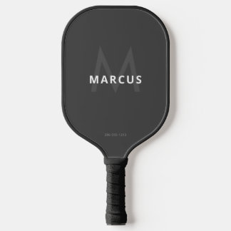 Grey Black Dark Simple Modern Monogram Pickleball Paddle