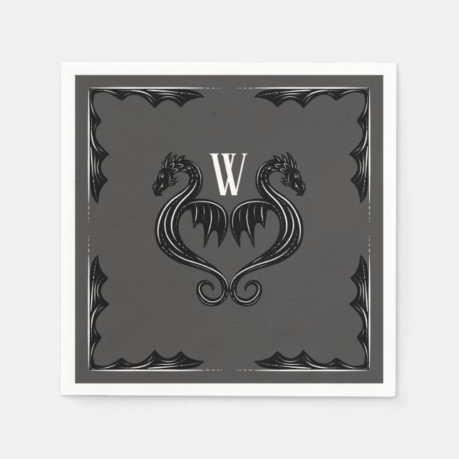 Grey Black Dragon Monogram Fantasy Wedding Napkin (Front)