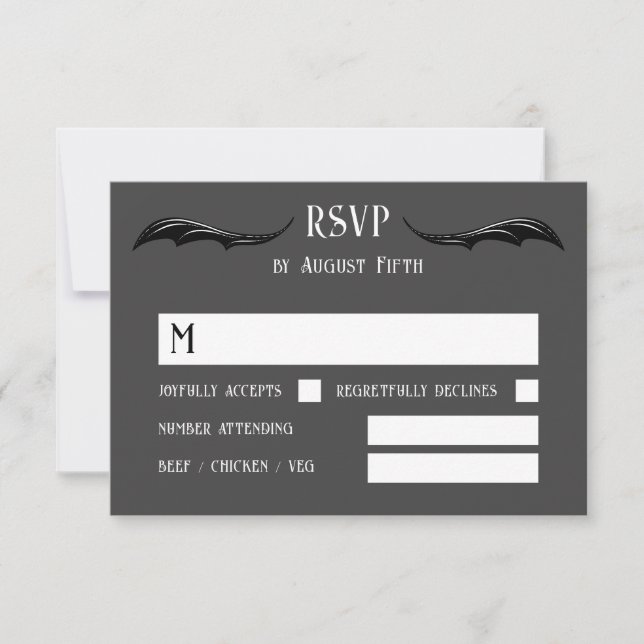 Grey Black Dragon Monogram Fantasy Wedding RSVP Card (Front)