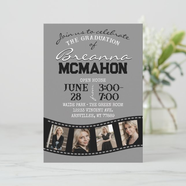 Grey & Black Filmstrip 5 Photo Graduation Invitation (Standing Front)