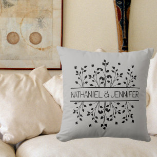 Grey & Black Floral Frame Monogram Wedding Cushion