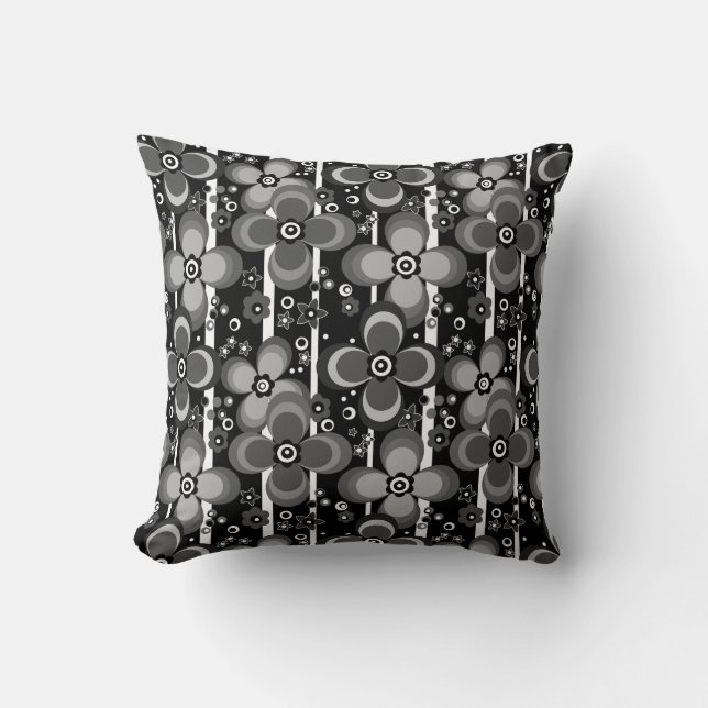 Grey Black Floral Striped Pattern Retro Cushion (Front)