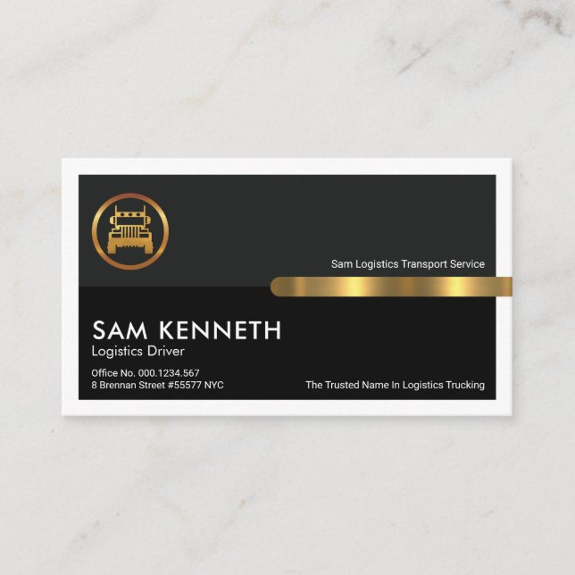 Grey Black Frame Columns Gold Tab Truck Logistics Business Card (Front)