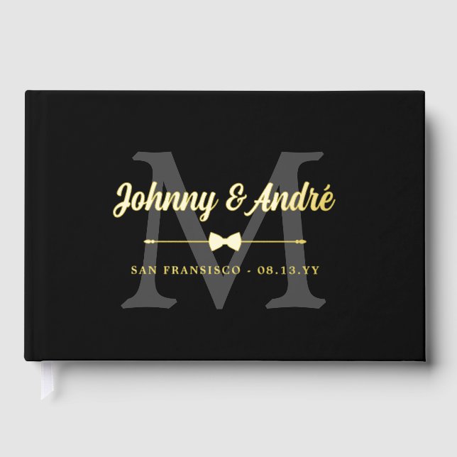 Grey Black Gold Bowtie Monogram Gay Wedding Guest Book (Front)