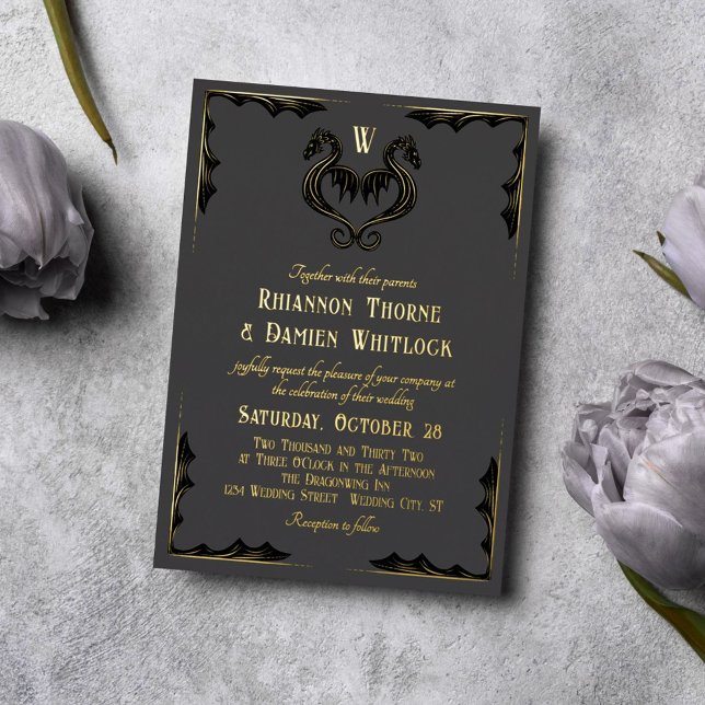 Grey Black Gold Dragon Monogram Fantasy Wedding (Creator Uploaded)