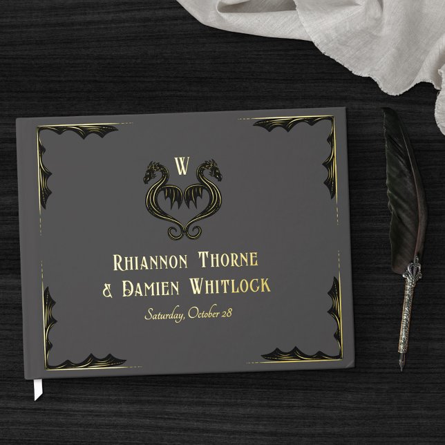 Grey Black Gold Dragon Monogram Fantasy Wedding Guest Book (Creator Uploaded)