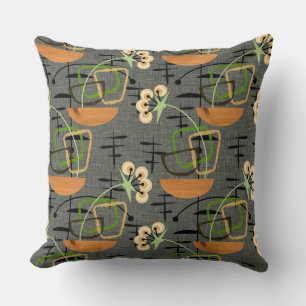 Grey, Black & Gold Houseplants   Mid-Century Retro Cushion