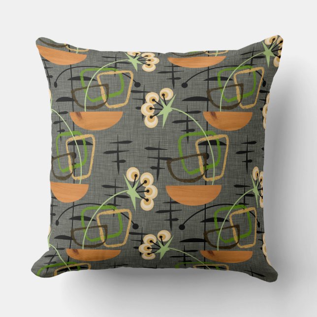 Grey, Black & Gold Houseplants | Mid-Century Retro Cushion (Front)