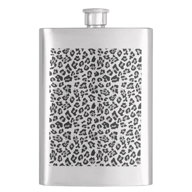 Grey Black Leopard Animal Print Pattern Hip Flask (Front)