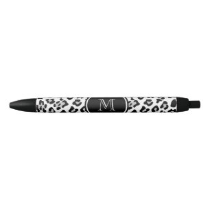 Grey Black Leopard Animal Print with Monogram Black Ink Pen