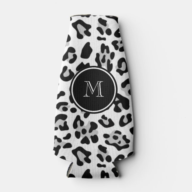 Grey Black Leopard Animal Print with Monogram Bottle Cooler (Front)
