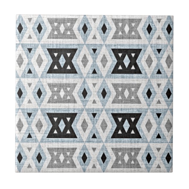 Grey Black Light Blue White Ethnic Tribe Art Ceramic Tile (Front)