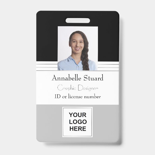 Grey Black Lined Name photo employee corporate ID Badge (Front)