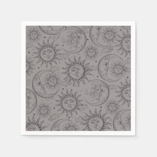 Grey Black Magic Vintage Celestial Sun Moon Stars Napkin