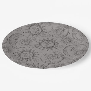 Grey Black Magic Vintage Celestial Sun Moon Stars Paper Plate