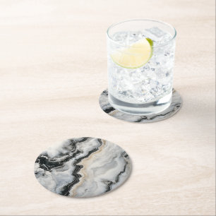 Grey Black Marble Pattern Round Paper Coaster