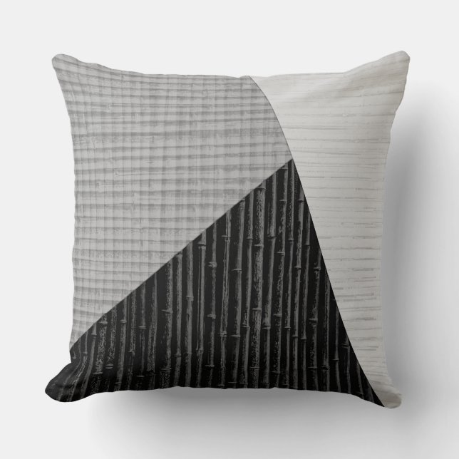 Grey Black Modern Bamboo Print Crosshatch Weave Cushion (Front)