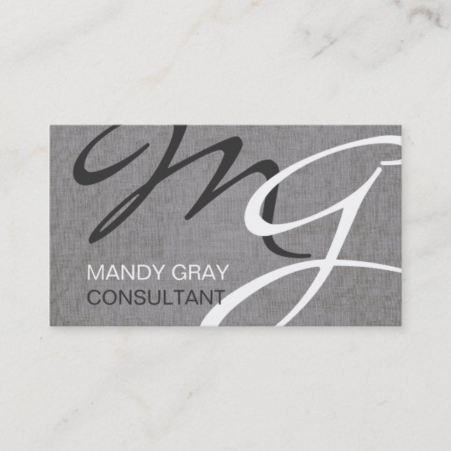 Grey Black Modern Monogram Linen Business Card (Front)