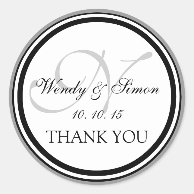 Grey Black Monogram N Wedding Thank You Classic Round Sticker (Front)