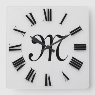 Grey Black Monograms Roman Numbers Square Wall Clock