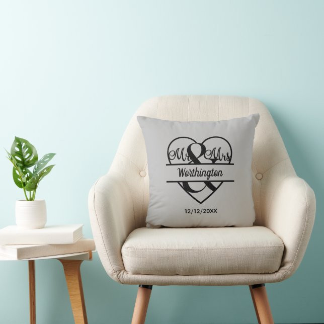 Grey Black Mr. and Mrs. Heart Wedding Gift Cushion (Chair)