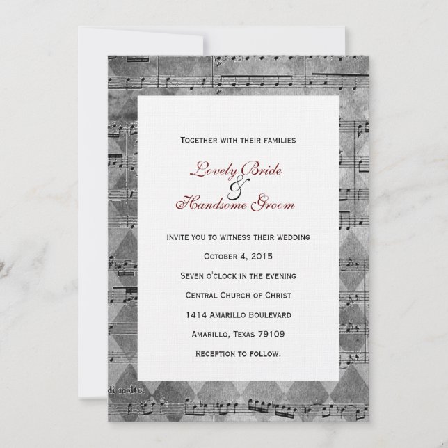 Grey Black Music Chevron Wedding Invitation (Front)
