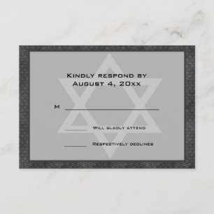 Grey, Black Pattern Border, Star, Bar Mitzvah RSVP Card