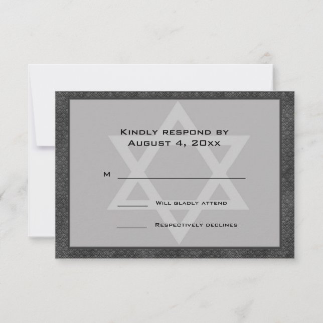 Grey, Black Pattern Border, Star, Bar Mitzvah RSVP Card (Front)