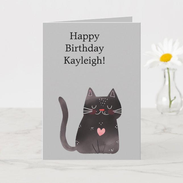 Grey Black Pink Heart Cat Birthday Card (Small Plant)