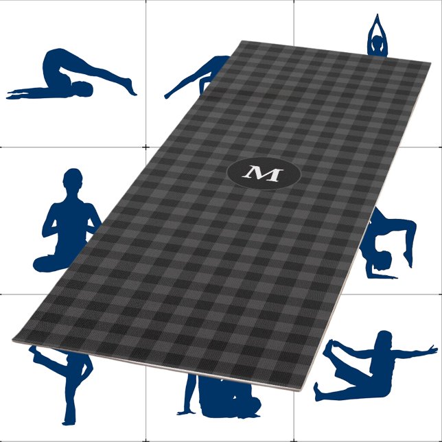 Grey Black Plaid Tartan Monogram Initial Yoga Mat (Creator Uploaded)