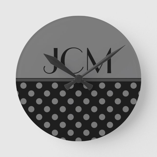 Grey/Black Polka Dot Monogram Round Clock (Front)