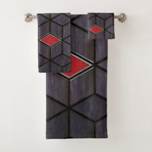 Grey Black Red Cubes Silver Bath Towel Set