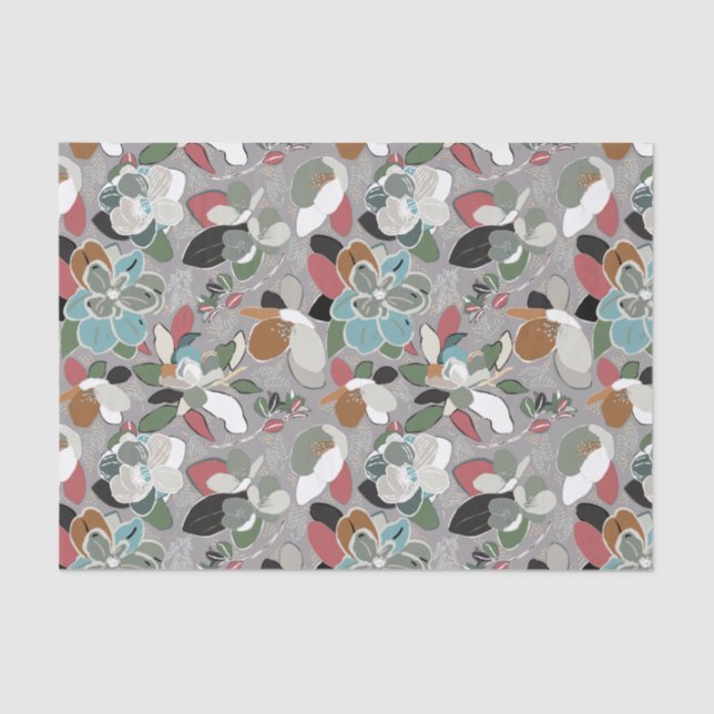 Grey Black Red Floral Winter Magnolia Tissue Paper (Front)