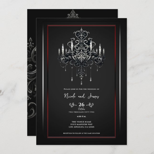 Grey Black Red Spooky Chandelier Gothic Wedding Invitation (Front/Back)