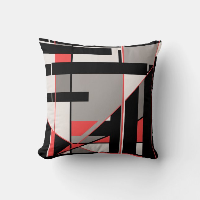 Grey Black Red White Geometric Abstract Design Cushion (Front)