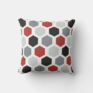 Grey, Black, Red, & White Hexagon Design Pillow