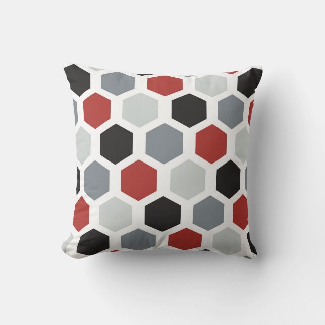 Grey, Black, Red, & White Hexagon Design Pillow (Front)