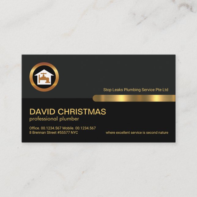 Grey Black Retro Columns Gold Faucet Plumber Business Card (Front)