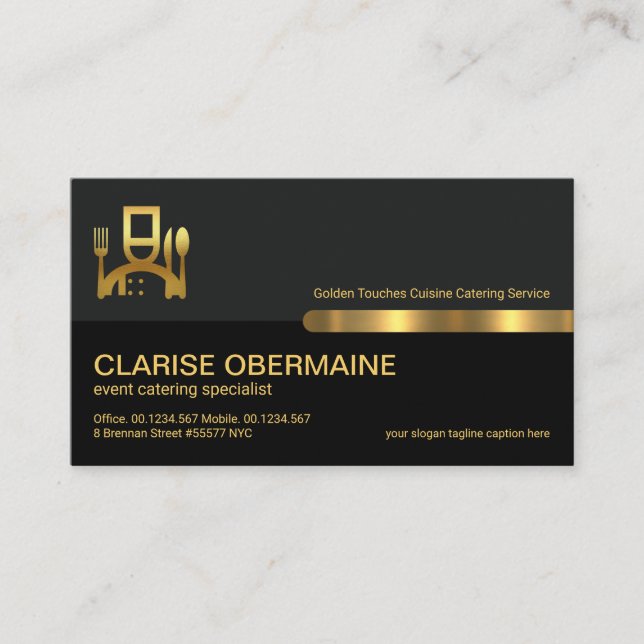 Grey Black Retro Columns Gold Line Food Restaurant Business Card (Front)