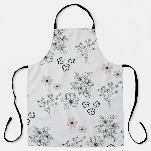 Grey Black Retro Y2K Hippie Flower Pattern Apron (Front)