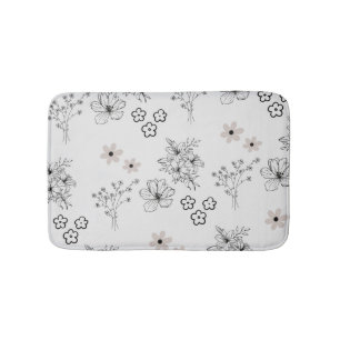 Grey Black Retro Y2K Hippie Flower Pattern Bath Mat