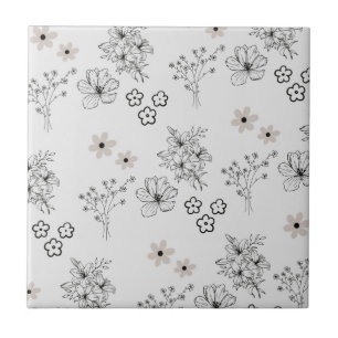 Grey Black Retro Y2K Hippie Flower Pattern Ceramic Tile